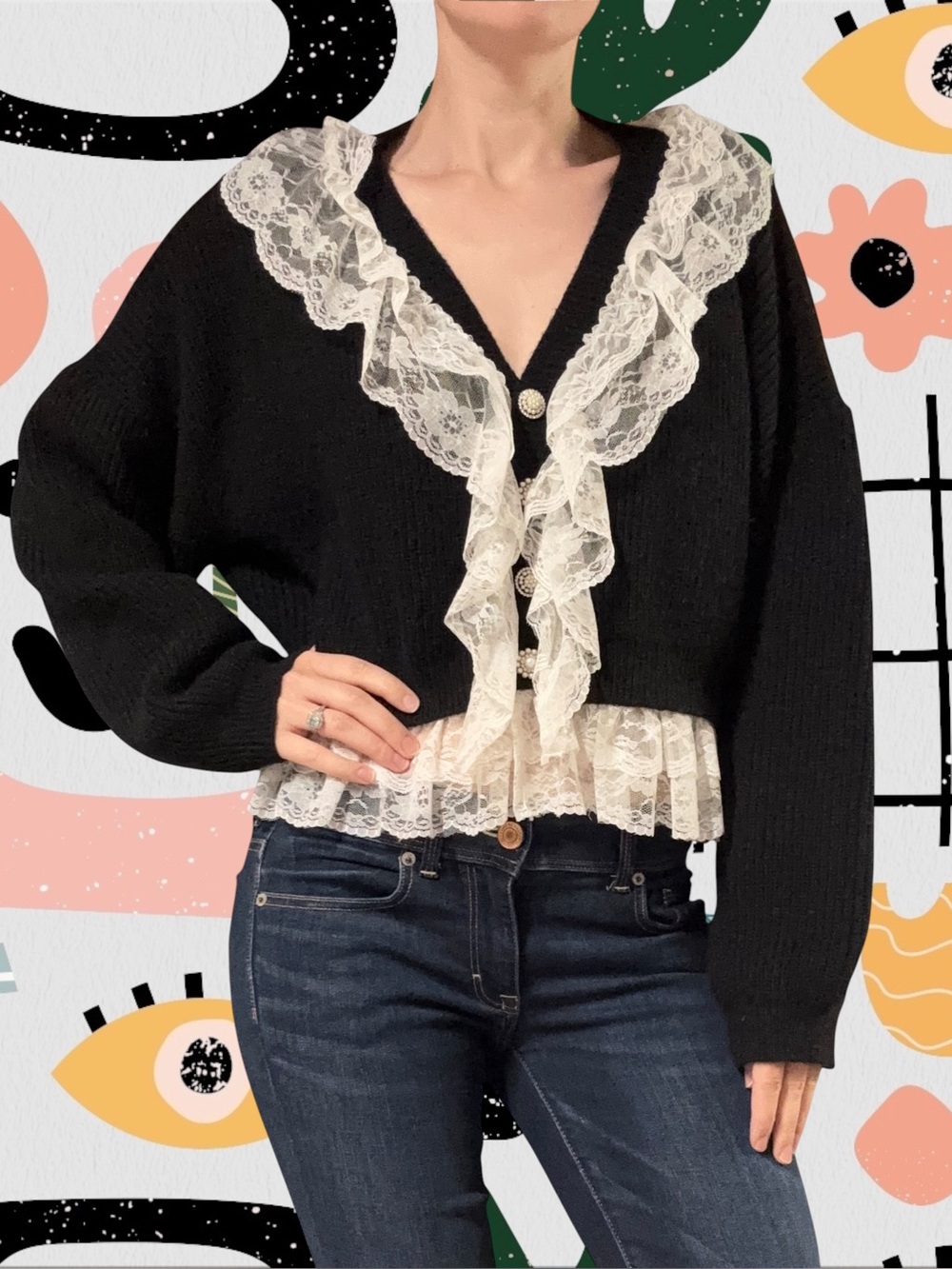 LXYG | Oversized Black Balloon Sleeve Knit Cardigan Sweater with White Lace Trim